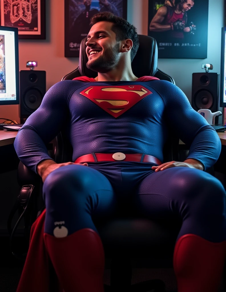 Superman working with laptop in office desnuded very big penis and pectolars gigans
