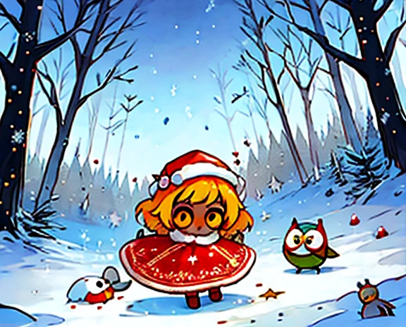  christmas illustration,   Cute Designs , The most beautiful woman.  owl under guard，Chibi,  Colorful and Cute  、Christmas scenery