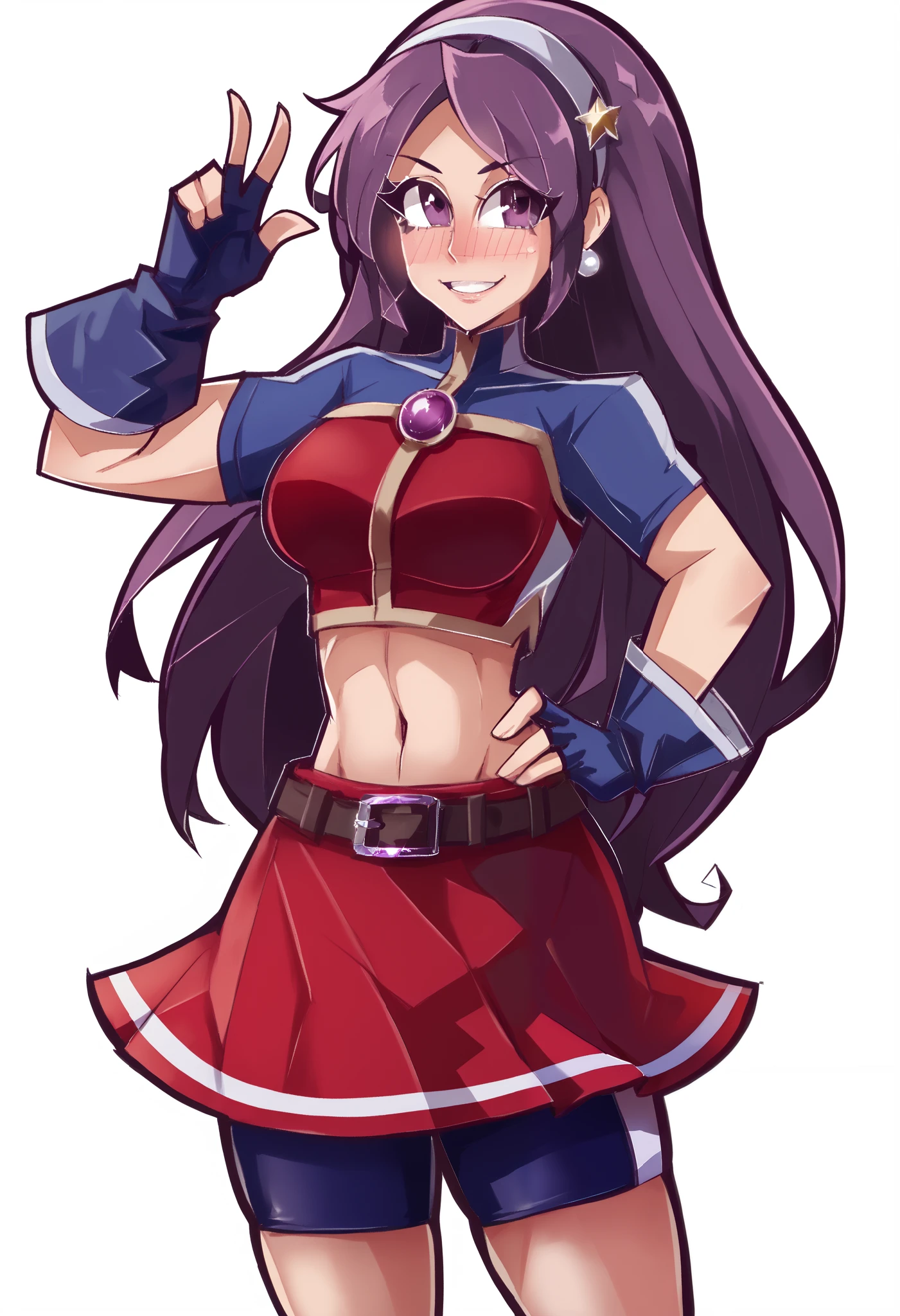 Masterpiece, best quality,ATHKOF2002, purple hair, long hair, purple eyes, white hairband, blue sleeves, pearl (gemstone), short sleeves, red top, belt, fingerless gloves, navel, red skirt, biker shorts,  blush, solo, seductive pose,cowboy shot, midriff,beautiful detailed face,one hand on hip,dbp,hentai, crotch,standing, blushing,down skirt, happy