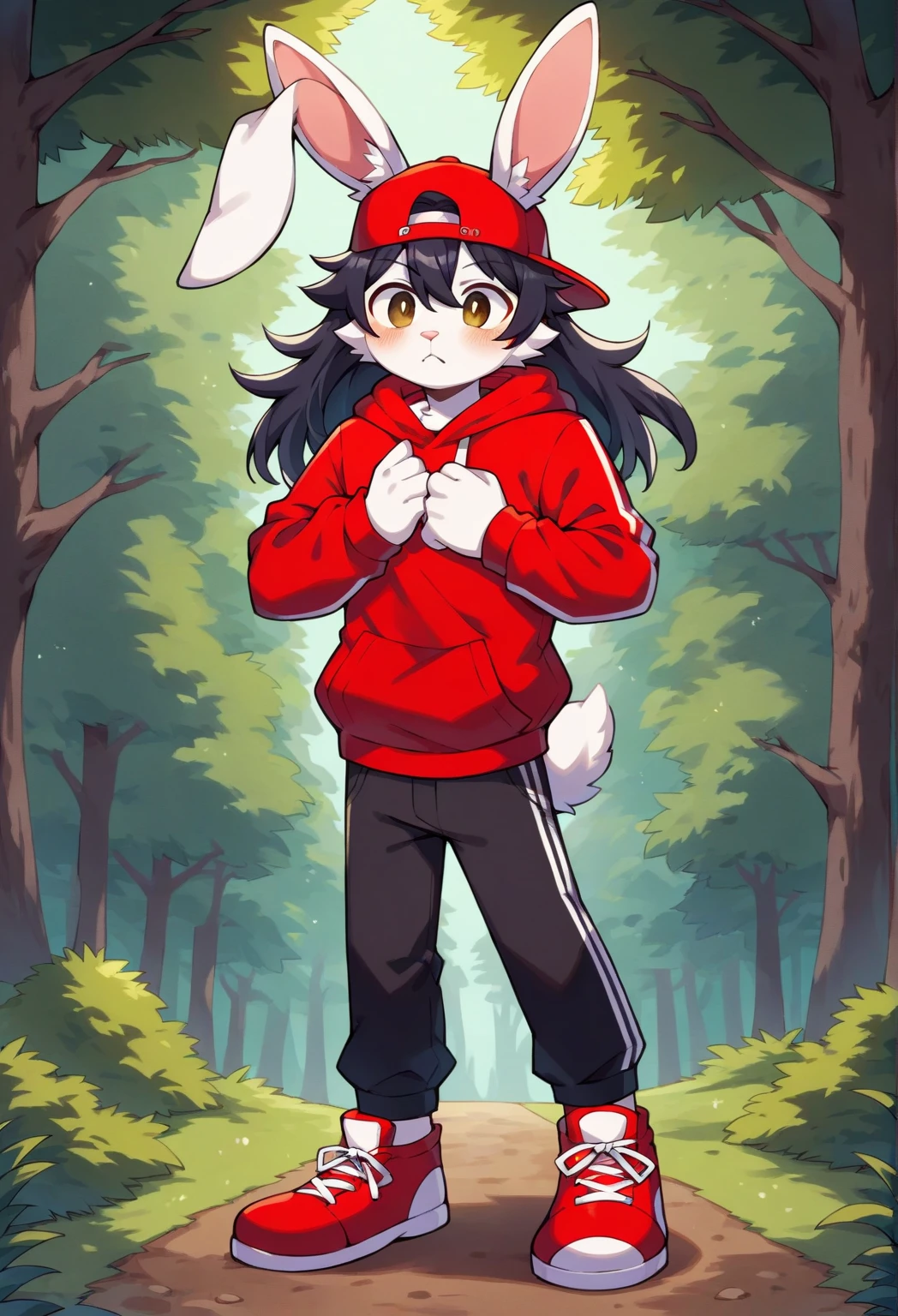 masterpiece, best quality, expressive eyes, perfect face, , furry bunny, white fur, bunny tail, white bunny ears, solo, surpriced, blushed, black hair, long hair, red baseball cap, black shirt, red hoodie, black sports pants, red sport shoes, brown eyes, full body, in a magic forest, male bunny, standing up