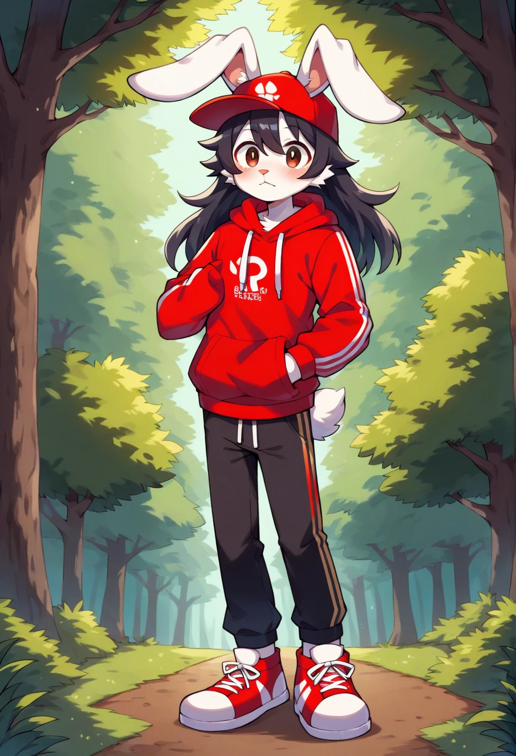 masterpiece, best quality, expressive eyes, perfect face, , furry bunny, white fur, bunny tail, white bunny ears, solo, surpriced, blushed, black hair, long hair, red baseball cap, black shirt, red hoodie, black sports pants, red sport shoes, brown eyes, full body, in a magic forest, male bunny, standing up