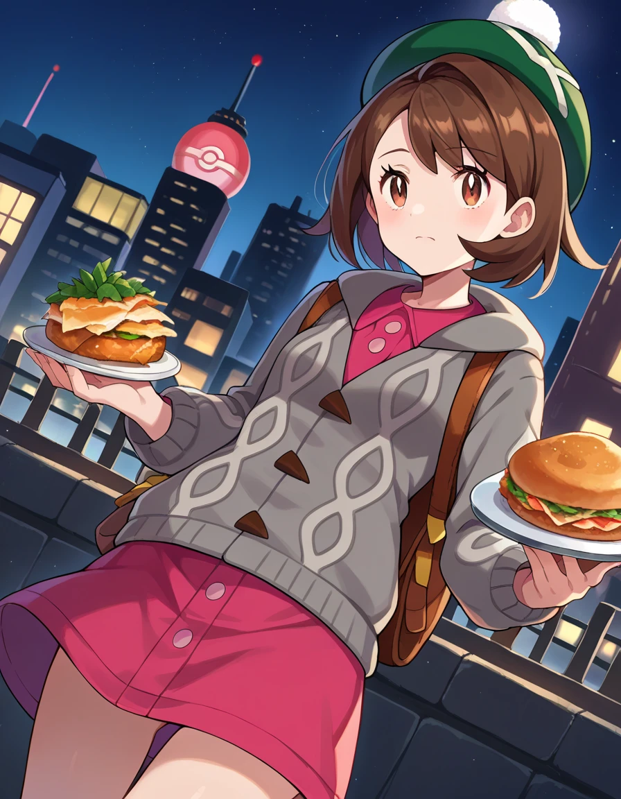 score_9, score_8_ up, score_7_ up,  Source_Anime,
Pokemon Gloria , Pokemon Gloria ,  brown eyes, Brown Hair,  medium hair,
 cardigan ,  dress, Green headdress, grey  cardigan , Food, Food down, Fooded  cardigan ,  Long Sleeve , pink  dress, short  dress,
 outdoors on the street at night, Cityscape,
 viewers,  cowboy shot,  Dutch Angle,