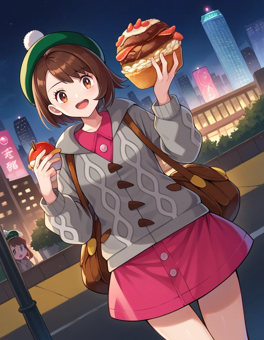 score_9, score_8_ up, score_7_ up,  Source_Anime,
Pokemon Gloria , Pokemon Gloria ,  brown eyes, Brown Hair,  medium hair,
 cardigan ,  dress, Green headdress, grey  cardigan , Food, Food down, Fooded  cardigan ,  Long Sleeve , pink  dress, short  dress,
 outdoors on the street at night, Cityscape,
 viewers,  cowboy shot,  Dutch Angle,