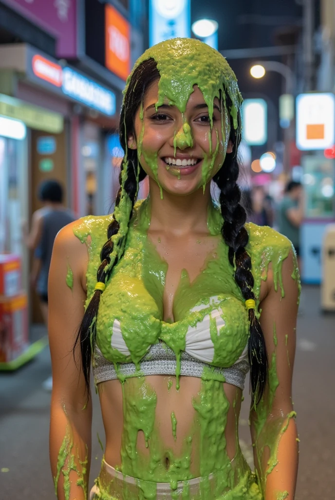 Amateur photograph. Korean teen covered in green water. Photorealistic. Wet liquid. Nasty slime. Raw photo. (Wearing French maid costume: 1.3). Cleavage. outside Tokyo. Nighttime. Bokeh. Neon lights. Green Slime. Dripping green goo. 18 years old. Wet green liquid. Snap and shoot photograph. Slight over exposure. Flash photography. Korean girl. (Korean teen girl: 1.1). Black hair. Braided pigtails.