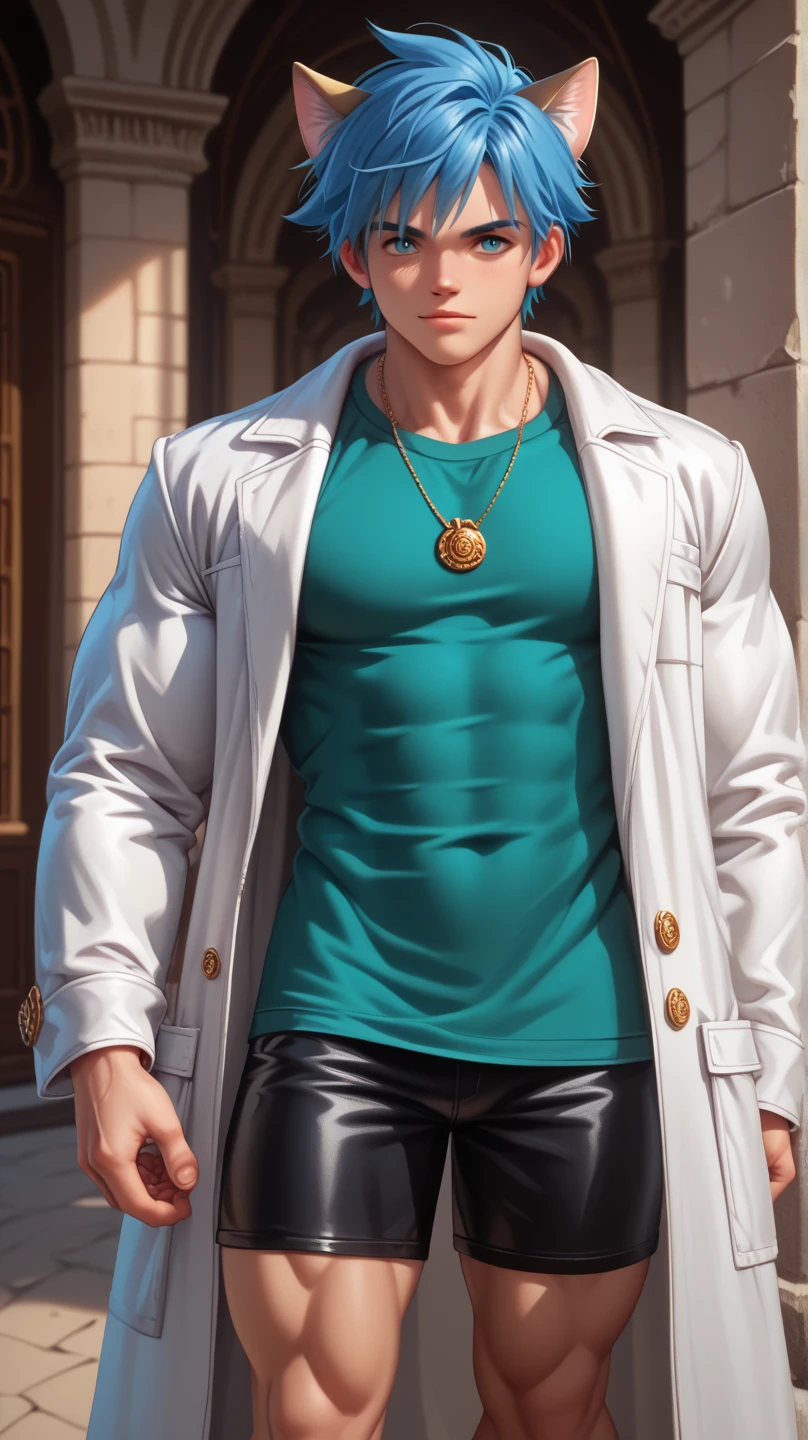 ((Boy with blue hair and cat ears )), I'm wearing a white coat,Leon,leon, boy,Chibi,Shorts, , ANATOMICALLY CORRECT , ((( 8K resolution ))),young boy, He has a thick dictionary in his hand , trained muscles like a bodybuilder, Very Big Muscles , big wings, Thick chest peeking out from her chest , green shirt ,gigantic penis