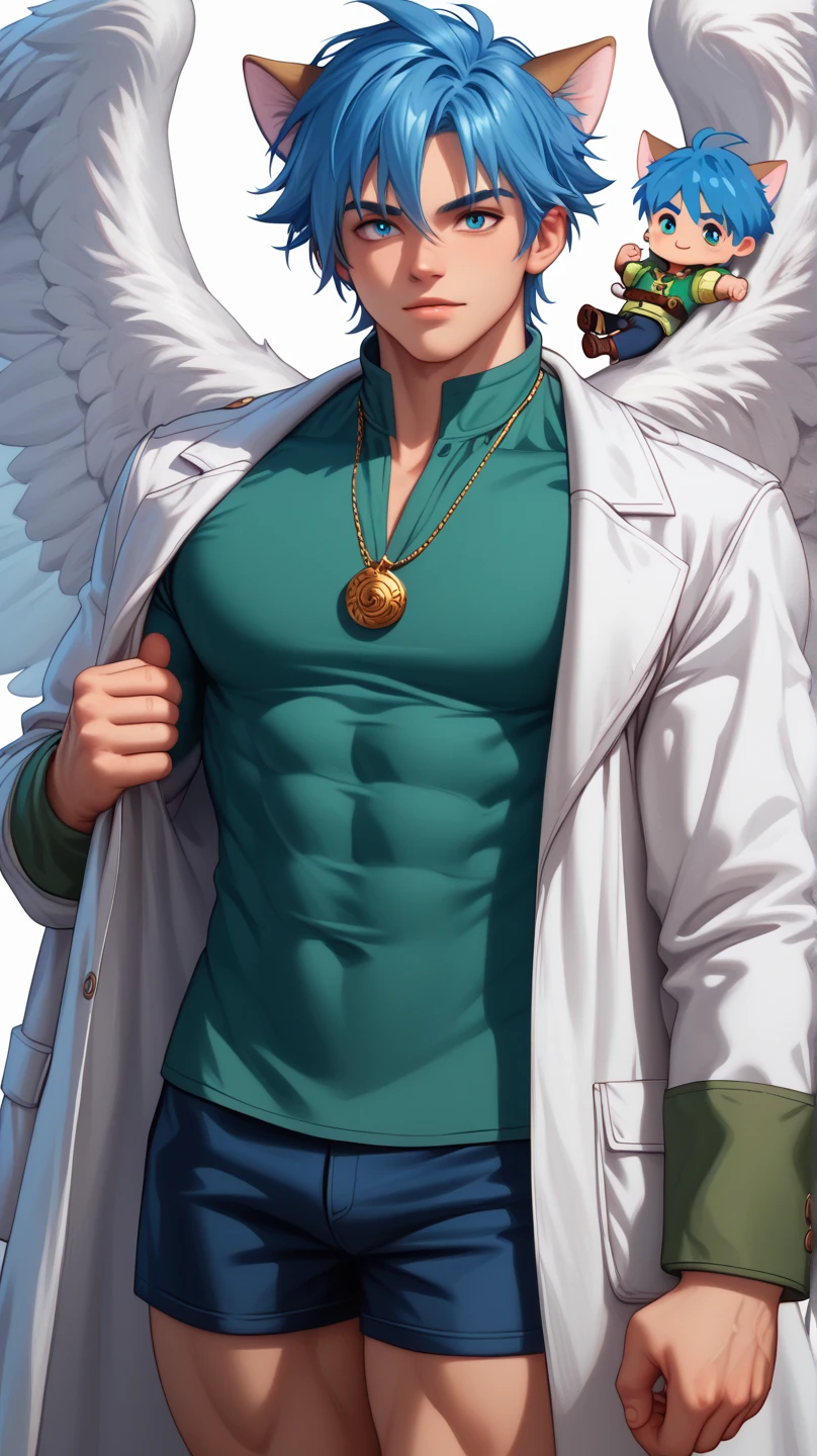 ((Boy with blue hair and cat ears )), I'm wearing a white coat,Leon,leon, boy,Chibi,Shorts, , ANATOMICALLY CORRECT , ((( 8K resolution ))),young boy, He has a thick dictionary in his hand , trained muscles like a bodybuilder, Very Big Muscles , big wings, Thick chest peeking out from her chest , green shirt ,gigantic penis