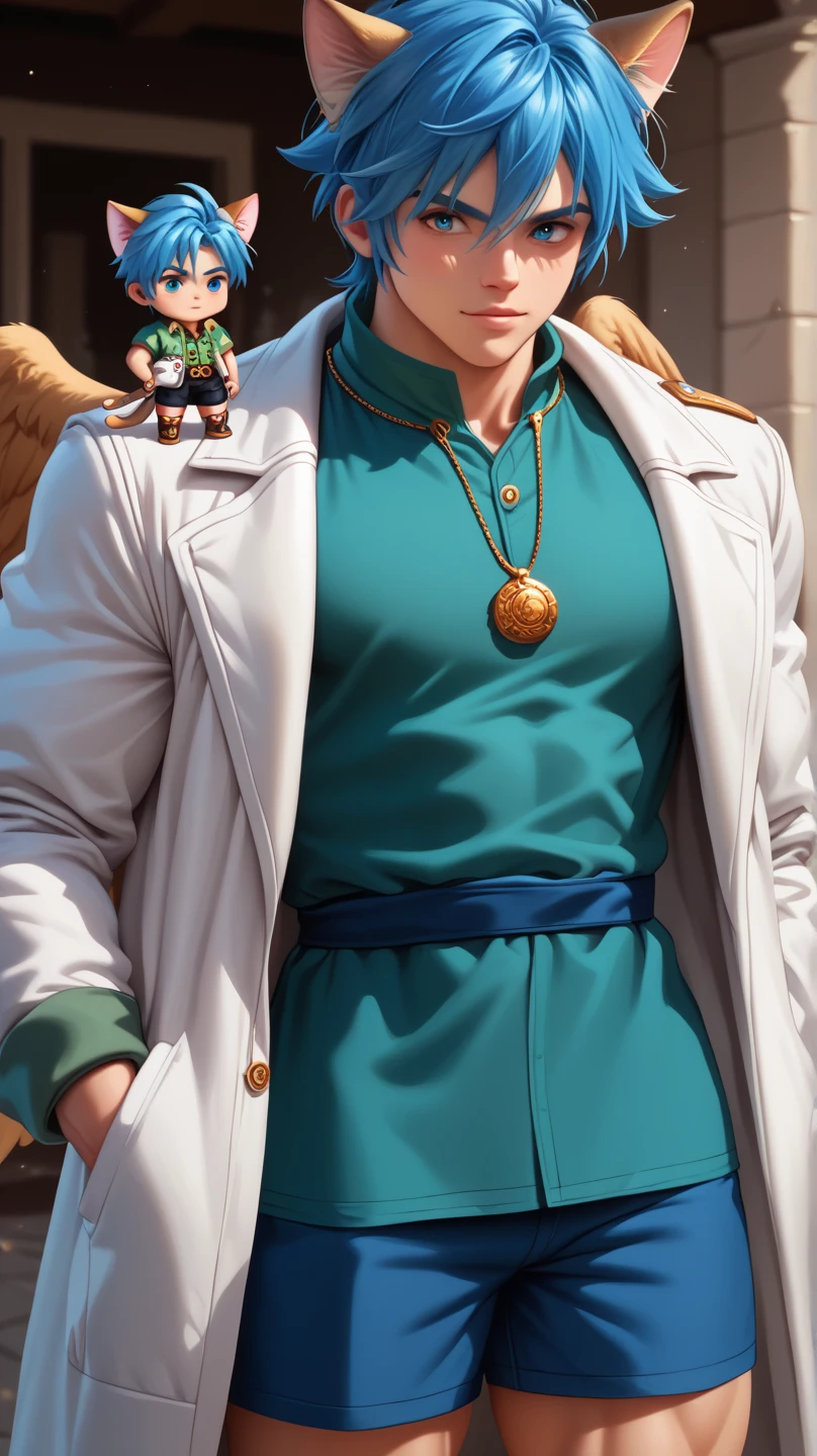 ((Boy with blue hair and cat ears )), I'm wearing a white coat,Leon,leon, boy,Chibi,Shorts, , ANATOMICALLY CORRECT , ((( 8K resolution ))),young boy, He has a thick dictionary in his hand , trained muscles like a bodybuilder, Very Big Muscles , big wings, Thick chest peeking out from her chest , green shirt ,gigantic penis