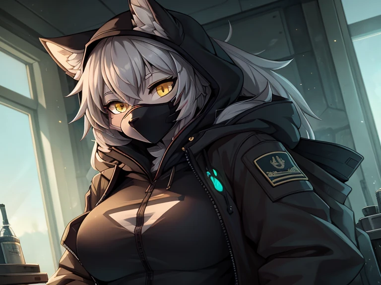 женщина anthro furry wolf ,absurdity,  High definition,  ultra-detailed, 1 girl,oversized jacket with hood,whole body,  original character,girl, grey hair, yellow eyes ,shoulder length hair,  complex black mask, military general, { better quality }}, {{ masterpiece fails}}, {{ ultra-detailed}}, {illustration}, {Detailed light}, Nuclear fusion