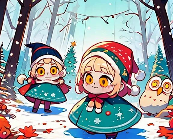  christmas illustration,   Cute Designs , The most beautiful woman.  owl under guard，Chibi,  Colorful and Cute  、Christmas scenery