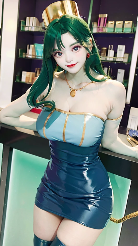 (masterpiece, top quality ,Ultra delicate,  perfect face,16k,   high res ,   very beautiful women,raw photo,very cute), Heavy makeup:1.3,  deep green hair  ,  Blue Latex Bodycon Dress ,   Long Blue Latex Gloves  , Light Green Tights ,  Big Breasts , Tall Cylindrical Gold Headpiece ,   blue-white skin, Red gem on forehead:2.0, ((Cosmetics counter  )),   necklace,  smile ,  cowboy shot