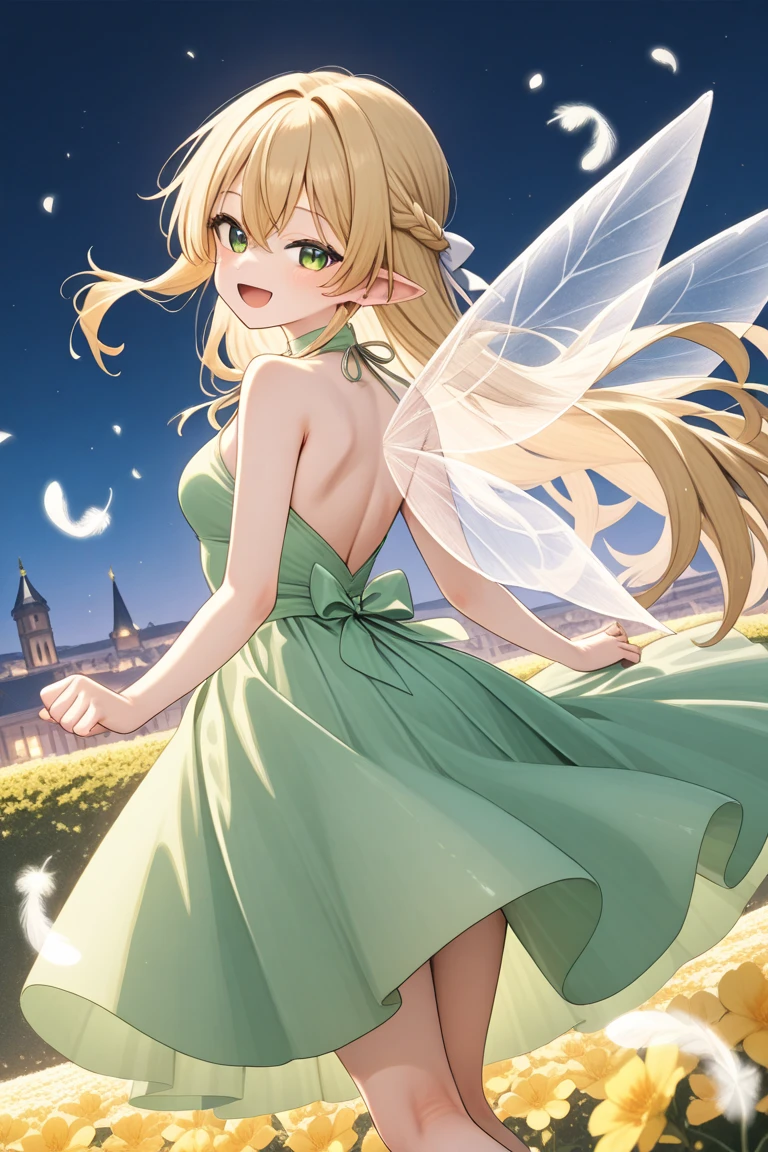 白と緑のドレスの美しい王女 、  anime girl 、 Fairy、Beautiful princess in a white and green dress with transparent feathers on her back 、 night background、middle ages、 blondes、 fantasy、Front View