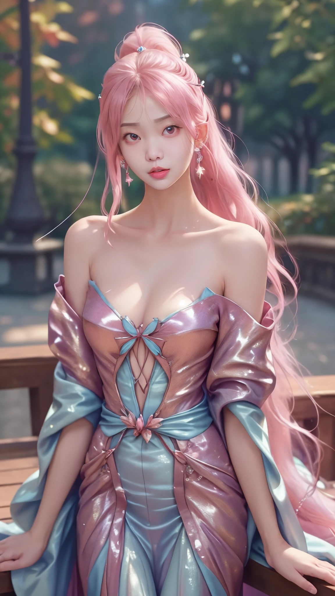 best quality, masterpiece, upper body, woman, blonde hair blown in the wind, shining eyes, steampunk nude style, thin clothes, pink clothes, pink hair