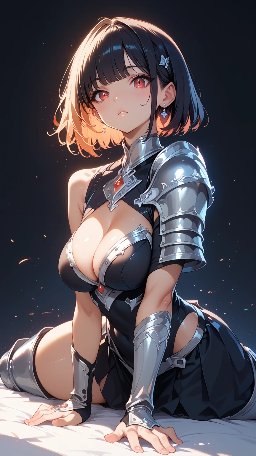 Anime girl, sexy figure, nice body curves, large breasts, wearing a knight armour, long black hairs, red eyes, showing off her figure, looking down, down view, giving sexy poses, lying down, up-side down, stretching legs exercise, closeup view, showing her cleavage up close, simple dark background.