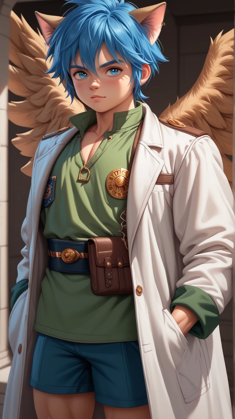 ((Boy with blue hair and cat ears )), I'm wearing a white coat,Leon,leon,Shota,Shorts, , ANATOMICALLY CORRECT , ((( 8K resolution ))),young boy, He has a thick dictionary in his hand , trained muscles like a bodybuilder, Very Big Muscles , big wings, Thick chest peeking out from her chest , green shirt ,gigantic penis