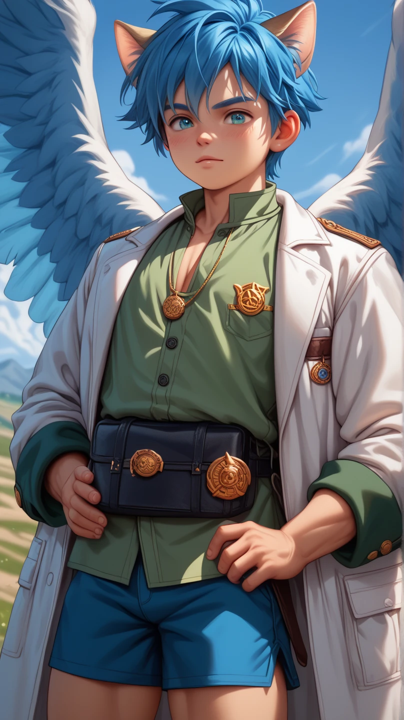 ((Boy with blue hair and cat ears )), I'm wearing a white coat,Leon,leon,Shota,Shorts, , ANATOMICALLY CORRECT , ((( 8K resolution ))),young boy, He has a thick dictionary in his hand , trained muscles like a bodybuilder, Very Big Muscles , big wings, Thick chest peeking out from her chest , green shirt ,gigantic penis