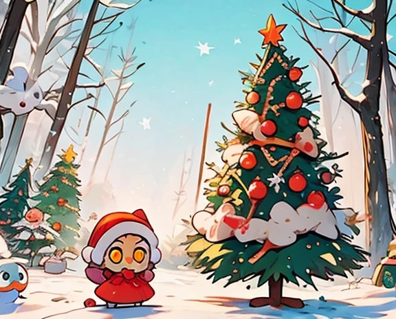  christmas illustration,   Cute Designs , The most beautiful woman.  owl under guard，Chibi,  Colorful and Cute  、Christmas scenery，Christmas food ，