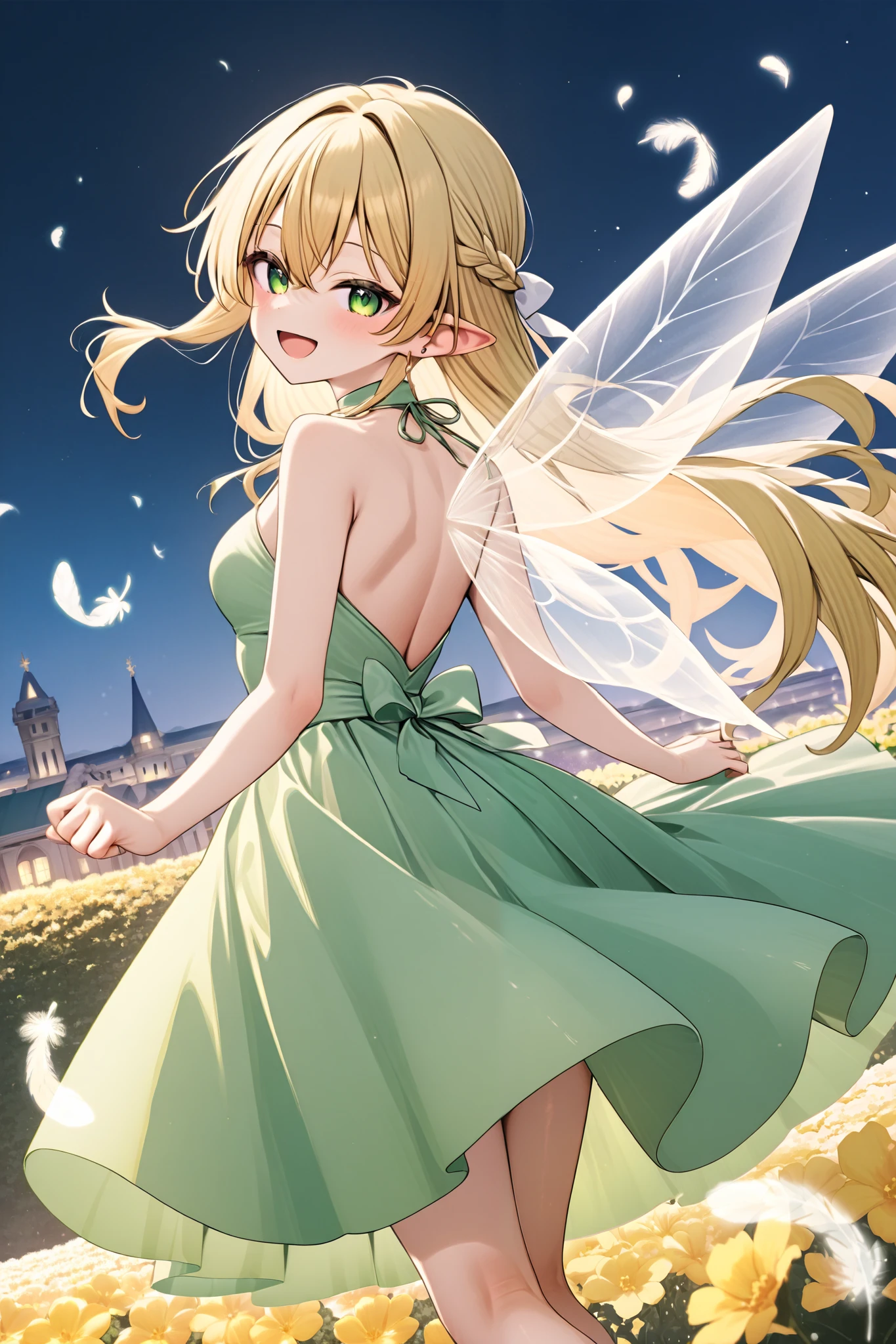 beautiful princess in white and green dress 、  anime girl 、 Fairy、Beautiful princess in a white and green dress with transparent feathers on her back 、 night background、middle ages、 blondes、 fantasy、Front View