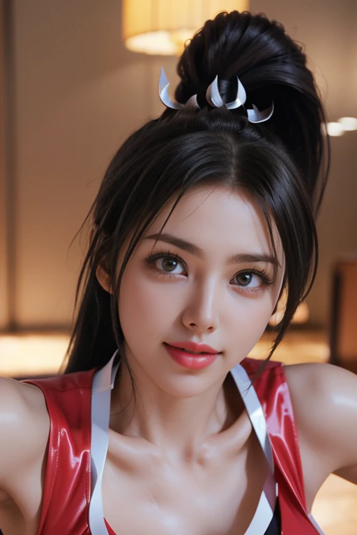 Mai Shiranui, brown eyes, Japanese beauty，Micro lollong hair, brown hair, (red clothes:1.uper huge breaeeveless, ponytail, pelvic curtain, Arm guards, Gloves, or，full ， seductive expression, sexy eyes, e breasts, Microharming, view viewer, long hair, (breast focus:1.2), (a1.2),, (realism), (masterpiece:1.2), (best quality), (super detailed), (8K, 4K, complicated), (85 mm), Light particles, Light, (Very detailed:1.2), (Detailed face:1.2), Cherry blossoms(exquisite eyes:1.2), (solid color background: 1.2),(Detailed background), (Dynamic angle:1.2), (dynamic poses:1.2), (Action line:1.2), Wide-angle lens, huge breasts，big breasts，huge brappy lolvely，lol，sakura，Clossoms，monochrome background，solid color background，smile，White background，artistic photos， super huge breasts