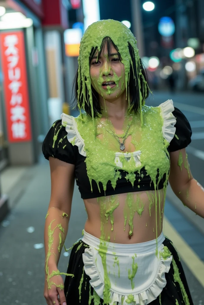 Amateur photograph. Korean teen covered in green water. Photorealistic. Wet liquid. Nasty slime. Raw photo. (Wearing maid uniform: 1.3). Cleavage. outside Tokyo. Nighttime. Bokeh. Green Slime. Dripping green goo. 18 years old. Wet green liquid. Snap and shoot photograph. Slight over exposure. Flash photography. Korean girl. (Korean  girl: 1.1). Black hair.