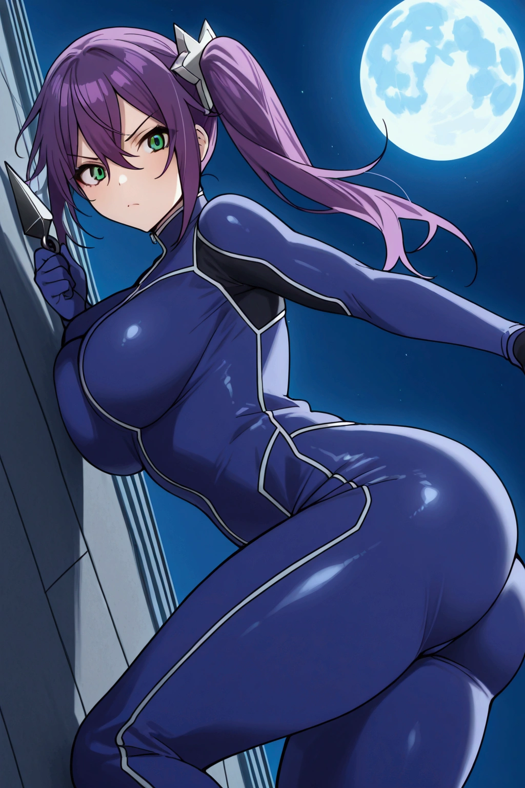 From SIDE alone, girl, Sagiri Ameno, green eyes, purple hair, big breasts, athletic, wind hair,perfect butt, feminine thighs, side ponytail, ornamental shuriken, deep blue ninja bodysuit, focus on the shape butt, kunai in her hand, angry,ninja pose, confident pose, rooftop background,night, full moon, perfect scene , Masterpiece, score 9, anime colors, sideways, AMERICAN SHOT, beautiful, composition, HARMONY, high quality, poster quality ,beautiful, feminine.