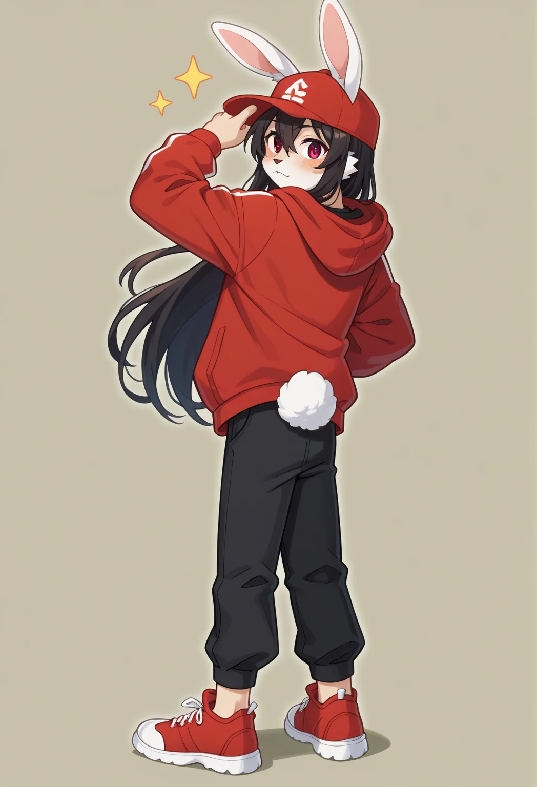 masterpiece, best quality, expressive eyes, perfect face, , furry bunny, white fur, bunny tail, white bunny ears, solo, surpriced, blushed, black hair, long hair, red baseball cap, black shirt, red hoodie, black sports pants, red sport shoes, brown eyes, full body, in a magic forest, male bunny, standing up