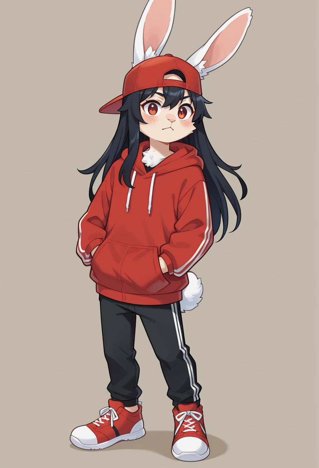 masterpiece, best quality, expressive eyes, perfect face, , furry bunny, white fur, bunny tail, white bunny ears, solo, surpriced, blushed, black hair, long hair, red baseball cap, black shirt, red hoodie, black sports pants, red sport shoes, brown eyes, full body, in a magic forest, male bunny, standing up