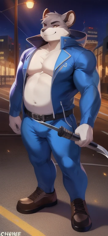 (((best quality, high resolution, masterpiece, best quality))), absurdres, solo, male focus, 1boy, sol badguy, (((full body))), muscular male, grin, looking at viewer, hand on hip, brown hair, ponytail, headband, red jacket, fingerless gloves, belt, (((Extra large up bulges penis dripping alot white semen))), (((nude))).
