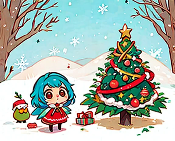  christmas illustration,   Cute Designs , The most beautiful woman.  owl under guard，Chibi,  Colorful and Cute  、Christmas scenery，Christmas food ，