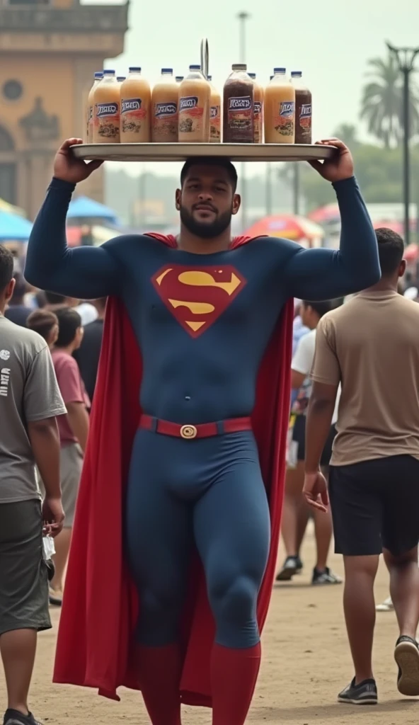 realistic portrait of Superman selling iced tea holding a tray on a stretcher above his head ((typical of hawker sellers in Indonesia)) walking among the crowd in a village square at a music stage event