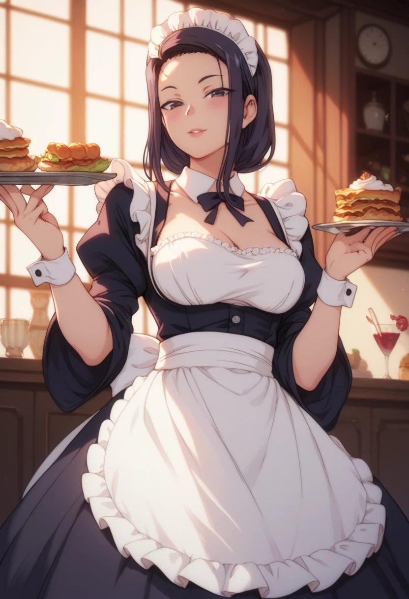 tsubaki :   dressed as a maid, food.