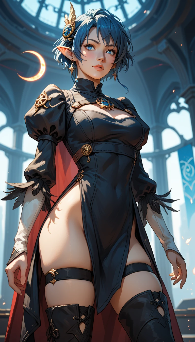 Score_9, score_8_up, score_7_up, source_anime, ((rating_safe)), rena lanford, 1woman, dynamic expression, blue hair, short hair, blue eyes, pointy ears, crescent hair ornament, red cape, tomboy style black dress, feather-trimmed sleeves, stiletto thigh boots, lace trim, long sleeves, micro miniskirt with high slit, (panty shot), thigh straps, ((skindentation)), (spell casting:1.26), contrapposto stance, dynamic action poses, indoors high-tech spaceship background, d3t41l3d, 2b_outfit