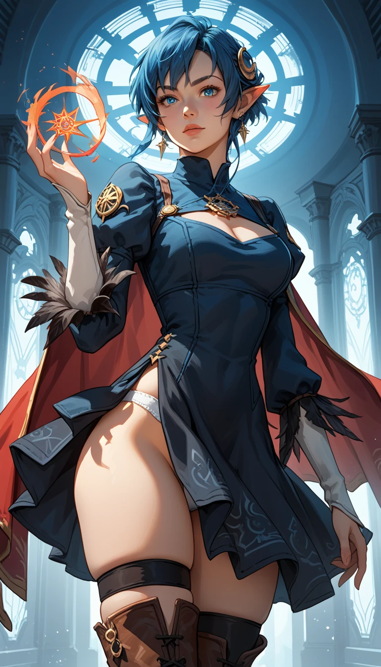 Score_9, score_8_up, score_7_up, source_anime, ((rating_safe)), rena lanford, 1woman, dynamic expression, blue hair, short hair, blue eyes, pointy ears, crescent hair ornament, red cape, tomboy style black dress, feather-trimmed sleeves, stiletto thigh boots, lace trim, long sleeves, micro miniskirt with high slit, (panty shot), thigh straps, ((skindentation)), (spell casting:1.26), contrapposto stance, dynamic action poses, indoors high-tech spaceship background, d3t41l3d, 2b_outfit