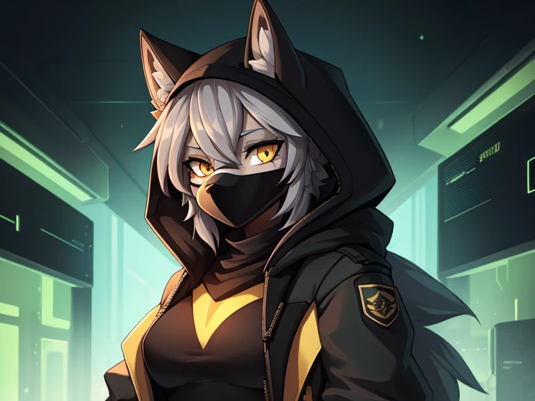 женщина anthro furry wolf ,absurdity,  High definition,  ultra-detailed, 1 girl,oversized jacket with hood,whole body,  original character,girl, grey hair, yellow eyes ,shoulder length hair,  complex black mask, military general, { better quality }}, {{ masterpiece fails}}, {{ ultra-detailed}}, {illustration}, {Detailed light}, Nuclear fusion