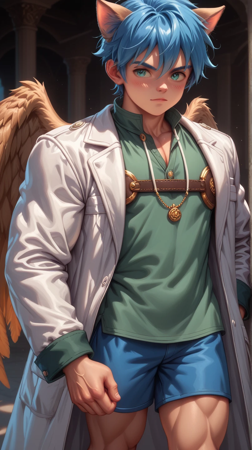 ((Boy with blue hair and cat ears )), I'm wearing a white coat,Leon,leon,Shota,Shorts, , ANATOMICALLY CORRECT , ((( 8K resolution ))),young boy, He has a thick dictionary in his hand , trained muscles like a bodybuilder, Very Big Muscles , big wings, Thick chest peeking out from her chest , green shirt ,gigantic penis