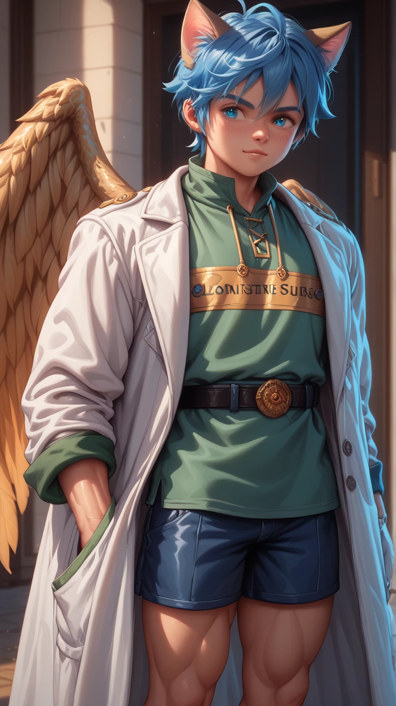 ((Boy with blue hair and cat ears )), I'm wearing a white coat,Leon,leon,Shota,Shorts, , ANATOMICALLY CORRECT , ((( 8K resolution ))),young boy, He has a thick dictionary in his hand , trained muscles like a bodybuilder, Very Big Muscles , big wings, Thick chest peeking out from her chest , green shirt ,gigantic penis