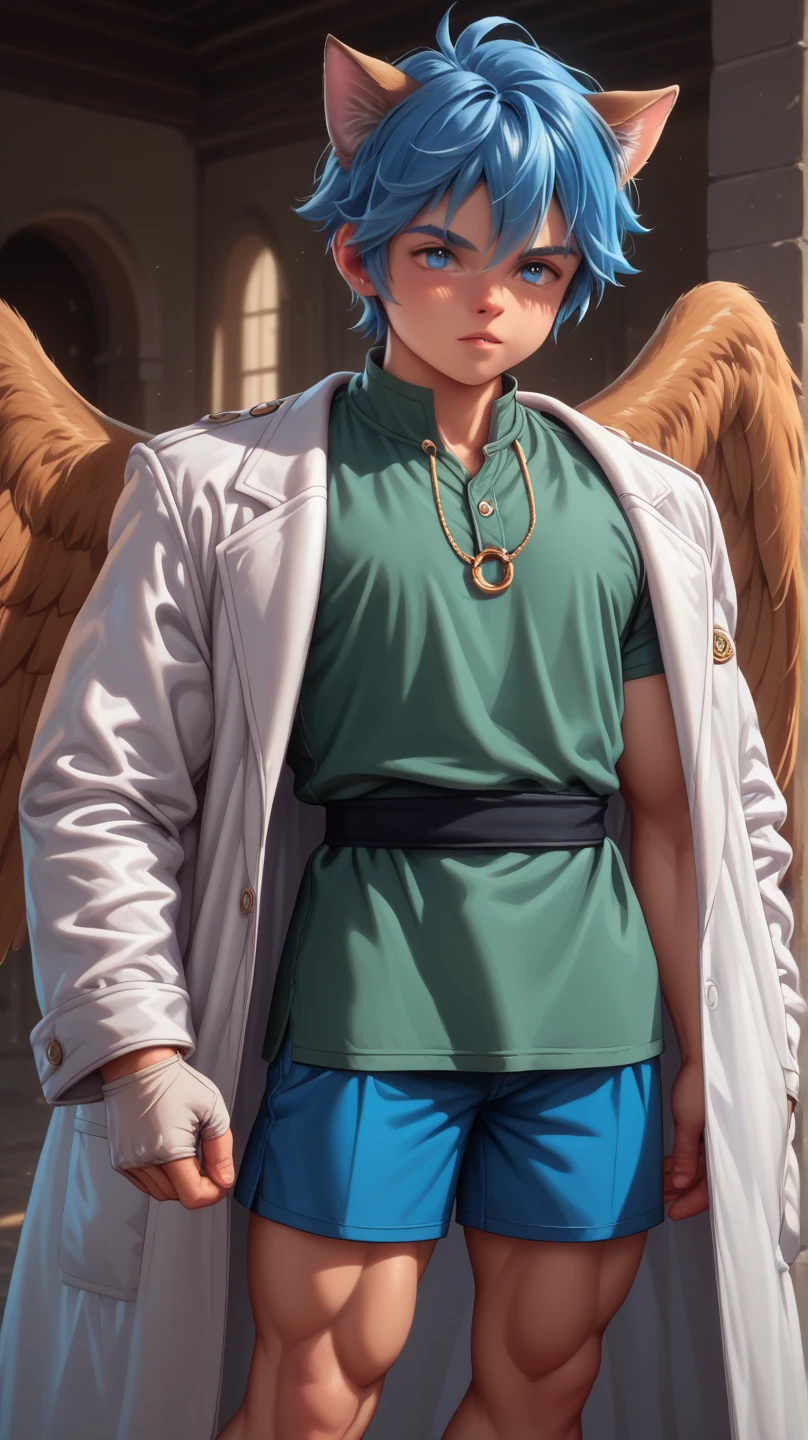 ((Boy with blue hair and cat ears )), I'm wearing a white coat,Leon,leon,Shota,Shorts, , ANATOMICALLY CORRECT , ((( 8K resolution ))),young boy, He has a thick dictionary in his hand , trained muscles like a bodybuilder, Very Big Muscles , big wings, Thick chest peeking out from her chest , green shirt ,gigantic penis