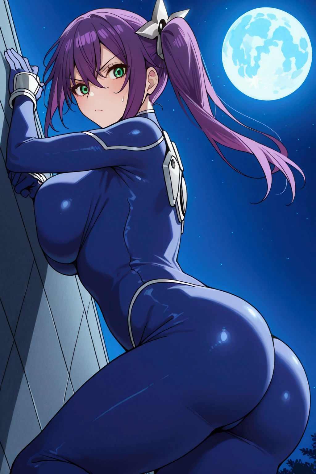 From behind, alone, girl, Sagiri Ameno, green eyes, purple hair, big breasts, athletic, wind hair,perfect butt, feminine thighs, side ponytail, ornamental shuriken, deep blue ninja bodysuit, focus on the shape butt, kunai in her hand, angry,ninja pose, confident pose, rooftop background,night, full moon, perfect scene , Masterpiece, score 9, anime colors, sideways, AMERICAN SHOT, beautiful, composition, HARMONY, high quality, poster quality ,beautiful, feminine.