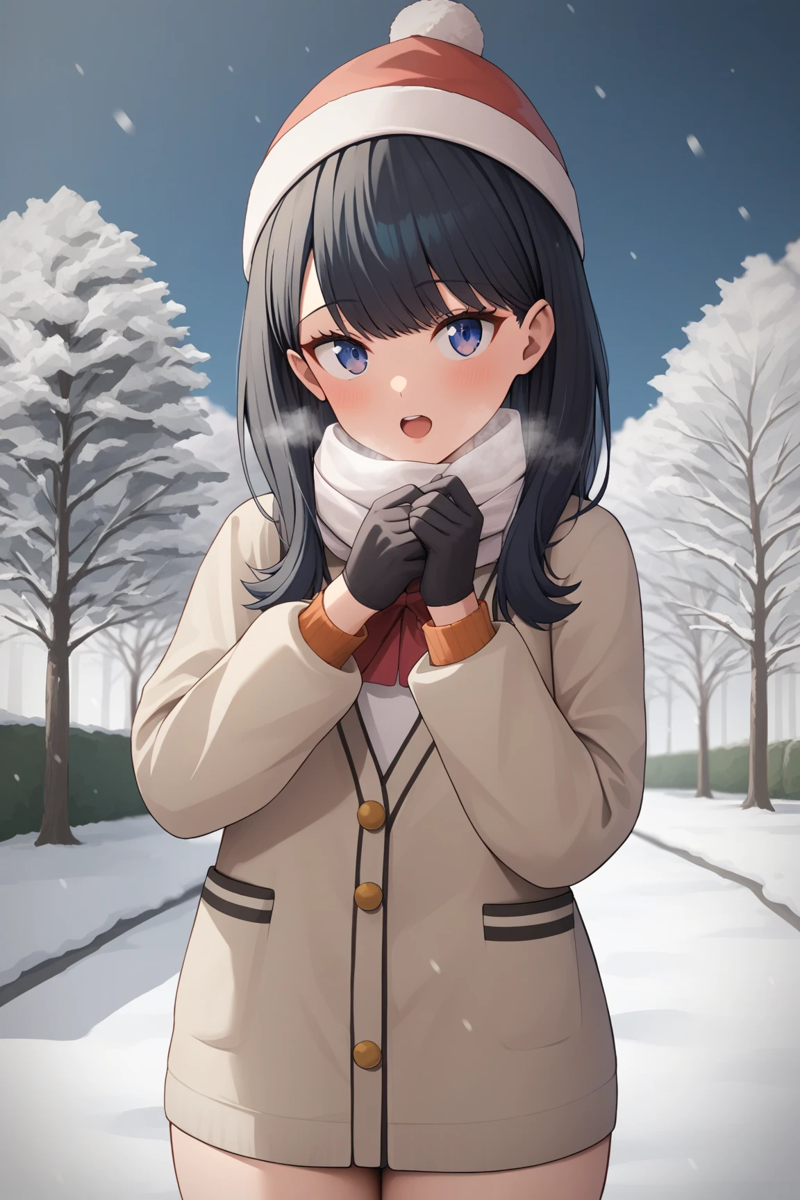 score_9,score_8_up,score_7_up, source_anime, winter, snow, snow field, (((outdoors))), (((park))), night, looking_at_viewer, red cheek, open mouth, She is breathing to white breath has both hands on mouth, knit black gloves, knit white scarf, takarada_rikka, standing, 1girl, solo, brown Parka, brown Overcoat, christmas, thighs, masterpiece, best quality, very aesthetic, ultra detailed, absurdres, 