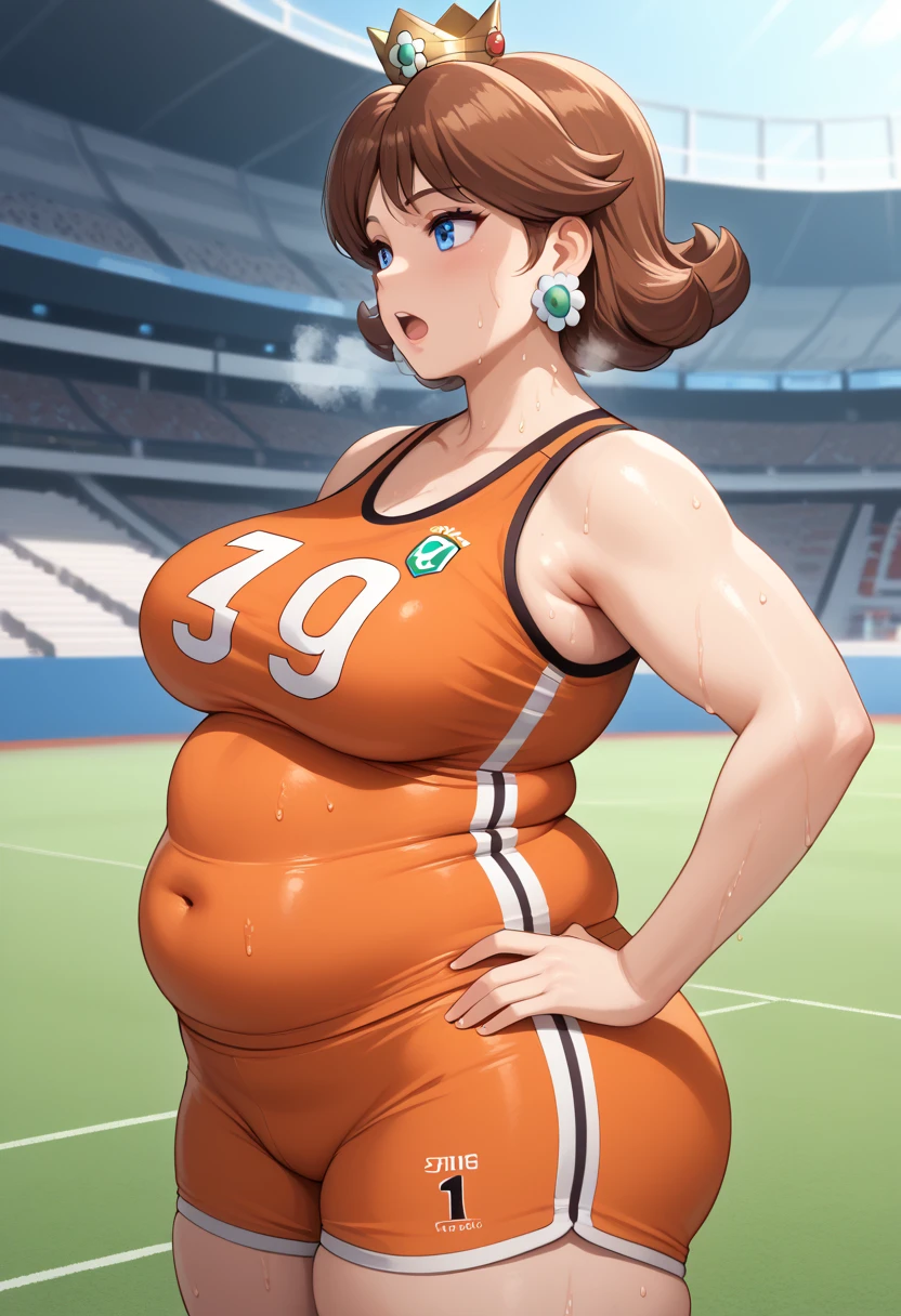 Daisy, brown hair, blue eyes, flower earrings,small crown, number 8 soccer uniform, orange croptop, orange shorts, midriff, number 8, standing, sweaty, exhausted, hand on hips, soccer field, science fiction, outdoors, (insanely detailed, masterpiece, best quality), sweating profusely, exhausted, breathing, open mouth, steam coming out of her mouth, tight red gym shorts, tight red gym tank top, hands on hips, dripping sweat, dripplits of sweat on the floor, puddle of sweat, thick, obese, soft belly, chubby, wide hips, sexy hips, half body, big belly, thicc thighs, side view,  out of breath, short hair, neck length hair, sleeveless 