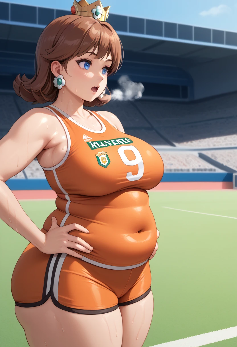 Daisy, brown hair, blue eyes, flower earrings,small crown, number 8 soccer uniform, orange croptop, orange shorts, midriff, number 8, standing, sweaty, exhausted, hand on hips, soccer field, science fiction, outdoors, (insanely detailed, masterpiece, best quality), sweating profusely, exhausted, breathing, open mouth, steam coming out of her mouth, tight red gym shorts, tight red gym tank top, hands on hips, dripping sweat, dripplits of sweat on the floor, puddle of sweat, thick, obese, soft belly, chubby, wide hips, sexy hips, half body, big belly, thicc thighs, side view,  out of breath, short hair, neck length hair, sleeveless 