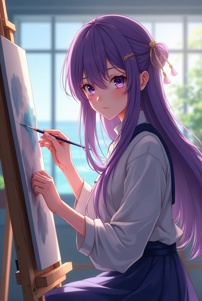 1lady,Beautiful College Student,girl painting, her gets dirty with paint,have a brush,purple hair and long hair,ponytail,casual clothing,black high-heels,in art studio,campus beauty, Painting,
colorful,easel,stool,Sitting on Stool, Focus on creating artwork