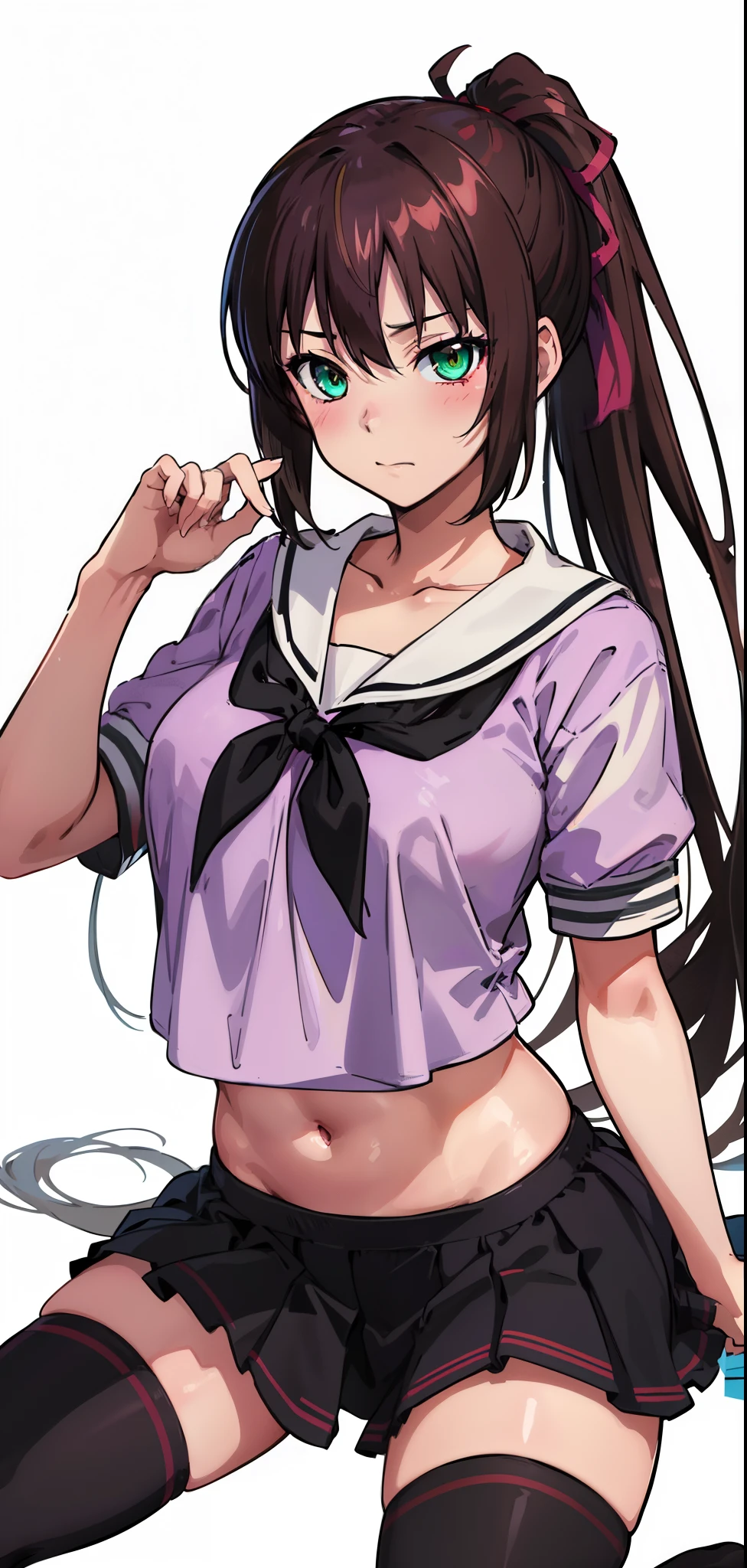 masterpiece, best quality,1girl,solo,kirasaka sayaka,brown hair,long hair,ponytail, hair ribbon, green eyes,,purple thighhighs, wariza, (school uniform), midriff. 