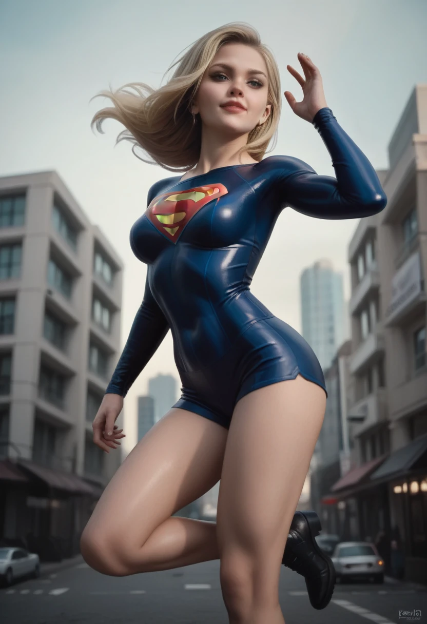 Supergirl cute and adorable blonde goth superhero in, young and innocent small teen goth flying adorable in action pose dynamic in action pose sexy and alluring medium perky breasts showing décolletage powergirl in the city centre badass and sexy