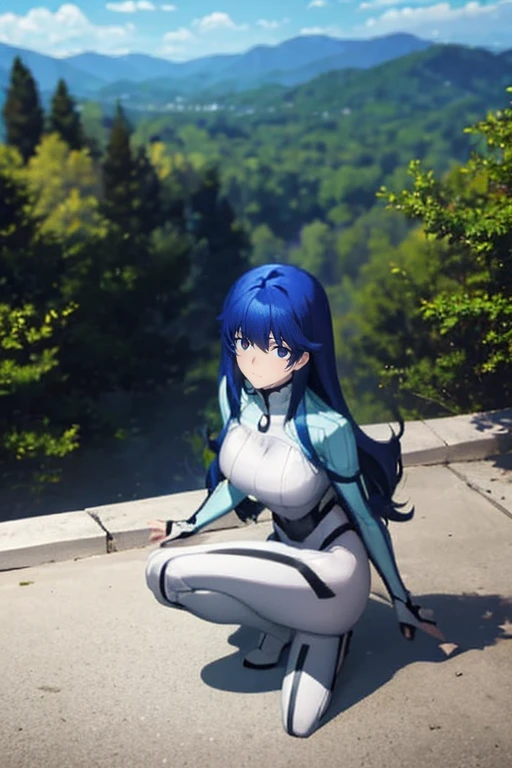 Aero（Marvel）, One Girl ,anime,Ufotable style ,solo, long hair, blue eyes, Big Breasts , black hair, blue hair, white bodysuit,rooftop,blue sky,one knee raise ,Showing off legs,smile, stares at viewers in the falling forest, from the side, look down,