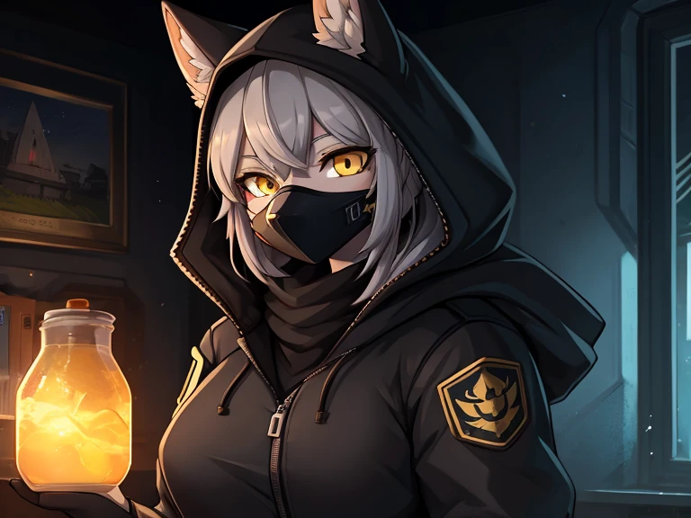 женщина anthro furry wolf ,absurdity,  High definition,  ultra-detailed, 1 girl,oversized jacket with hood,whole body,  original character,girl, grey hair, yellow eyes ,shoulder length hair,  complex black mask, military general, { better quality }}, {{ masterpiece fails}}, {{ ultra-detailed}}, {illustration}, {Detailed light}, Nuclear fusion