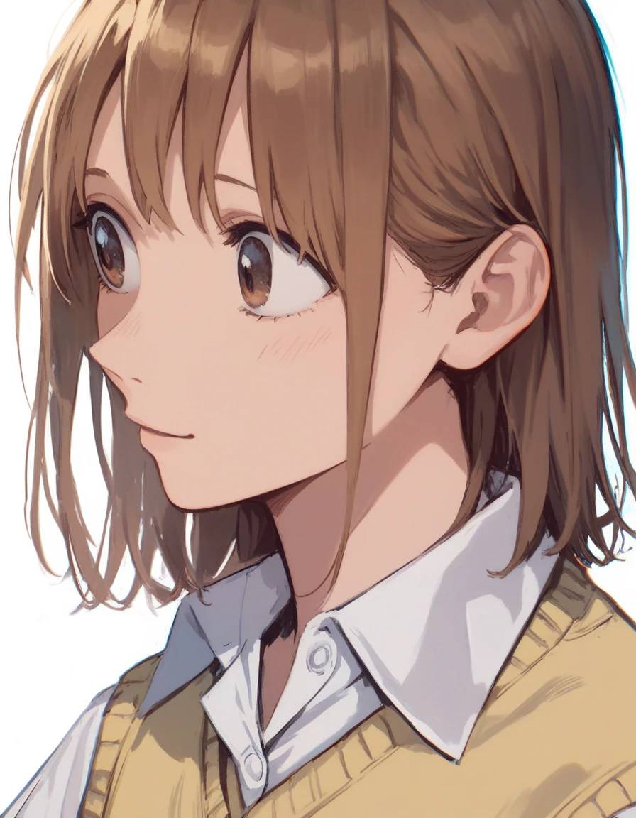 score_9, score_8_ up, score_7_ up,  Source_anime
BREAK 1GIRL , Chinatsu, Brown Hair,  brown eyes,  school uniform,  white shirt,  collared shirt , Short sleeve,  yellow sweater vest,  viewers,  upper body, White background