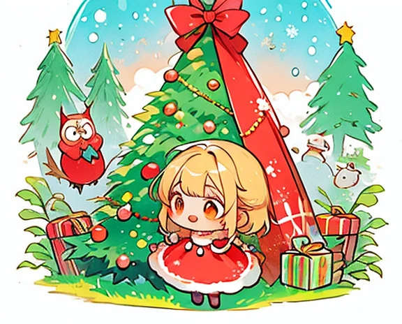  christmas illustration,   Cute Designs , The most beautiful woman.  owl under guard，Chibi,  Colorful and Cute  、Christmas scenery，Christmas food ，