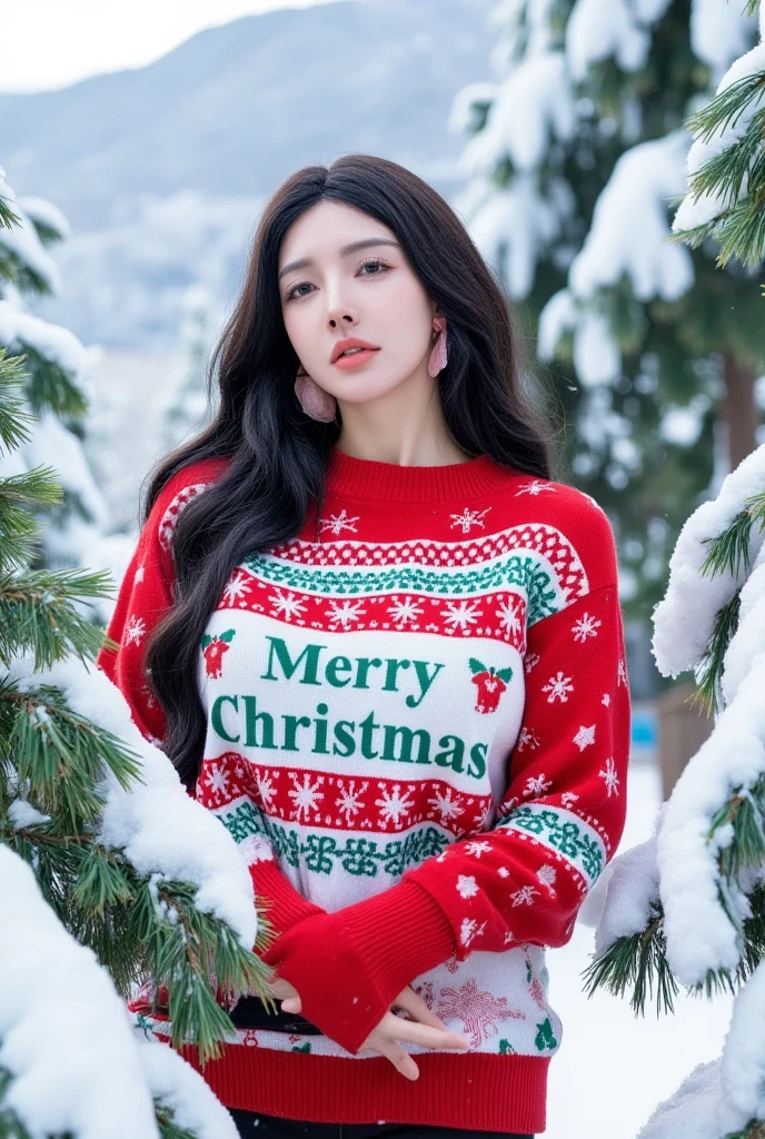 A warm winter wonderland scene: A young woman, bundled in a cozy red Christmas knit sweater adorned with intricate snowflake patterns and bold text Merry Christmas in green letters, stands amidst a serene snowy landscape, softly falling snowflakes gently dusting her face and shoulders within the natural frame of surrounding evergreen trees.