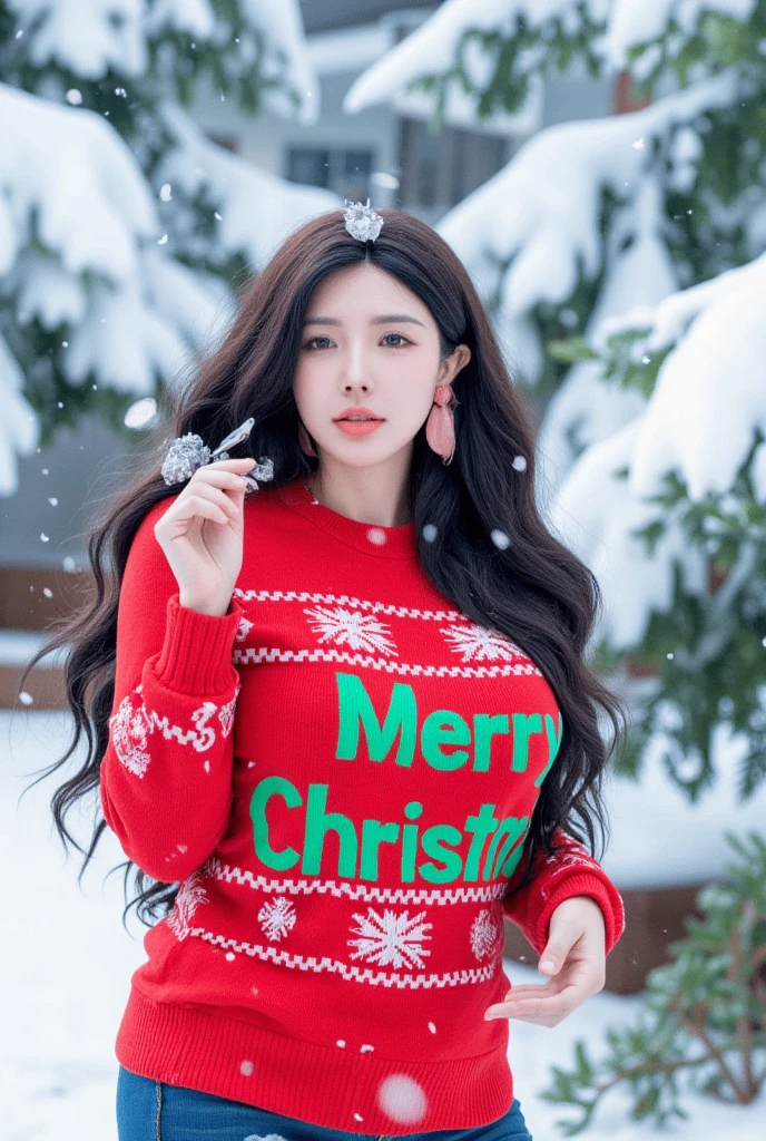 A warm winter wonderland scene: A young woman, bundled in a cozy red Christmas knit sweater adorned with intricate snowflake patterns and bold text Merry Christmas in green letters, stands amidst a serene snowy landscape, softly falling snowflakes gently dusting her face and shoulders within the natural frame of surrounding evergreen trees.