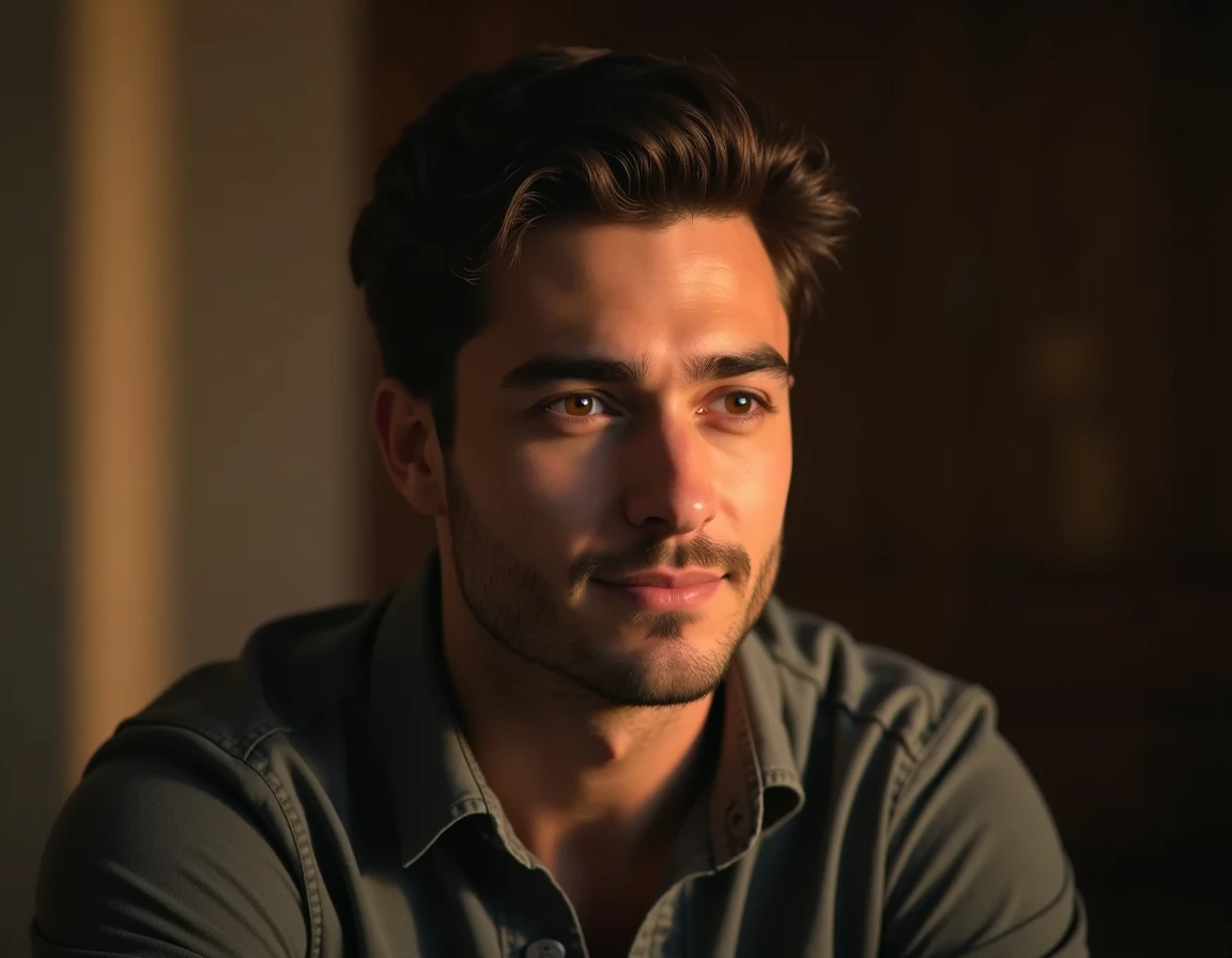 Portrait of a 35-year-old adult man with a youthful appearance, with himself as the main subject. He is sitting in an indoor environment, suggesting a bedroom, with warm, soft lighting, suggesting the artificial light of a lamp. He should have short, slightly wavy dark brown hair and a sparse beard evenly distributed across his face, as well as a serious, thoughtful expression, looking directly at the camera. The focus should be on his face and eyes, which are slightly off center. The light should enter sideways from the left, creating soft shadows that highlight the angular features of the face. The background should be out of focus, with a soft bokeh, showing elements such as windows, a bed, a chest of drawers and a painting on the wall. The color palette should be dominated by warm tones of gold, orange and brown, creating a warm and introspective feeling. The depth of field should be wide, isolating the main subject from the background, and sharpness should be maximum in the face and eyes, while the rest of the image is blurred. The photograph must capture extreme detail, with a high-quality rendering in 8k, with professional photographic quality and attention to detail that conveys the realism of a room, introspective atmosphere, bokeh, soft and diffused lighting.